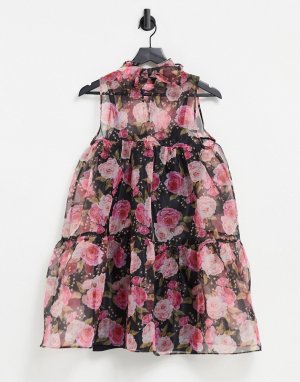 Платье А-силуэта с высоким воротником и цветочным принтом London-Черный цвет Rare
