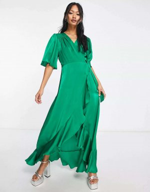 Атласное платье макси с развевающимися рукавами и запахом спереди воланами London ярко-зеленого цвета Flounce