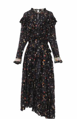 Шелковое платье-миди с оборками и принтом PREEN by Thornton Bregazzi. Цвет: черный