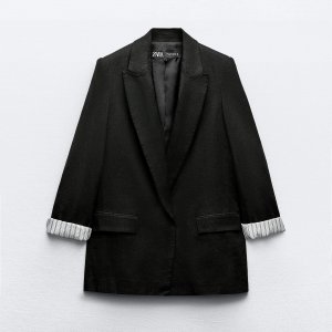 Блейзер Zara Linen Blend Roll-Up Sleeve Open, черный