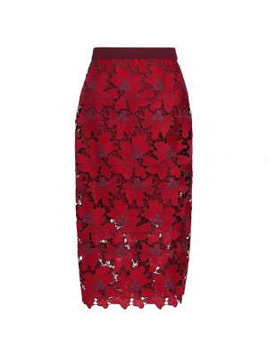Вечерняя гипюровая кружевная юбка-миди с цветочным принтом , цвет crimson mulberry St. John