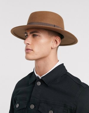 Бежевая шляпа регулируемого размера с широкими полями и лентой -Коричневый цвет ASOS DESIGN