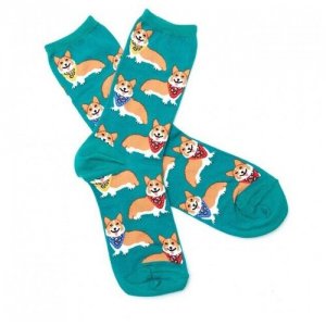 Дизайнерские носки с принтом Корги в разноцветных банданах SOVA. Цвет: оранжевый/зеленый