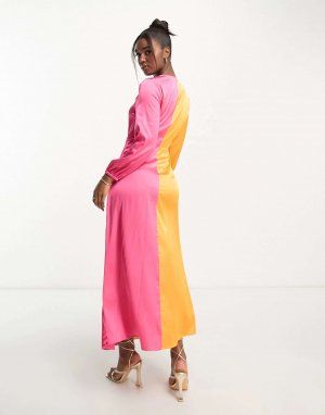 Разноцветное атласное платье макси в стиле колор-блок спереди с длинными рукавами и сборками Monki