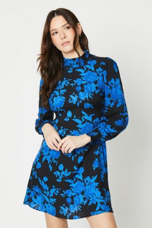 Синее мини-платье с присборенными манжетами и цветочным принтом , синий Dorothy Perkins