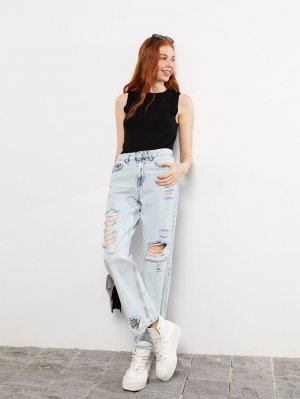 Женские джинсовые брюки прямого кроя с высокой талией и рваными деталями LCW Jeans