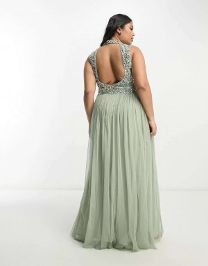 Plus Bridesmaid 2 в 1, украшенное платье макси с пышной тюлевой юбкой шалфейного цвета Beauut