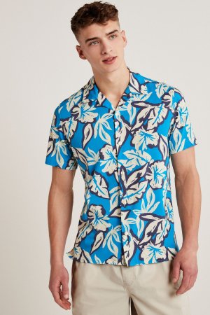 Рубашка с цветочным принтом короткими рукавами и кубинским воротником, синий Next