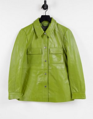 Кожаный шакет шалфейно-зеленого цвета с карманами спереди -Зеленый цвет Muubaa