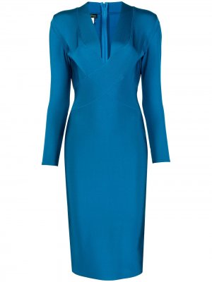 Приталенное платье с глубоким вырезом Herve L. Leroux. Цвет: синий