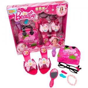 Комплект игрушек-украшений Детский игровой набор Модницы - Принцессы с туфлями для девочки, сумка, зеркало, браслет, заколки волос, V755-4, 9 предметов, розовый Zhorya