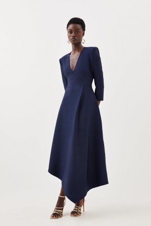 Вязаное асимметричное платье мидакси с поясом и повязкой на фигуру , темно-синий Karen Millen
