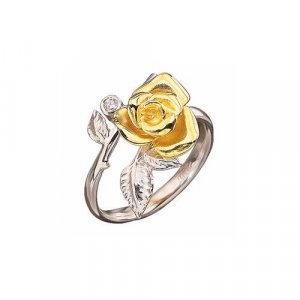 Перстень Роза, белое, желтое, комбинированное золото, 585 проба, родирование, бриллиант, размер 16.5, белый, желтый Альдзена. Цвет: белый/желтый