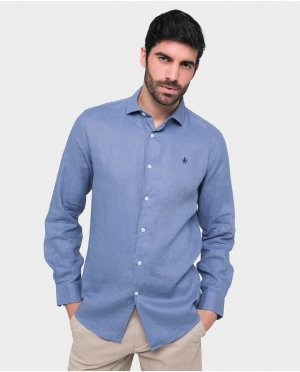 Однотонная узкая мужская льняная рубашка синего цвета индиго, индиго Valecuatro