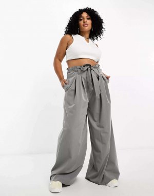 Светло-серые брюки в стиле бумажной сумки с поясом ASOS Curve. Цвет: серый