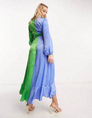 Платье макси с объемными рукавами и рюшами Maternity контрастного синего зеленого цвета Flounce London