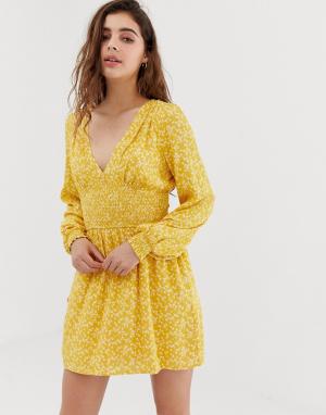 Чайное платье с длинными рукавами и цветочным принтом -Желтый Wild Honey