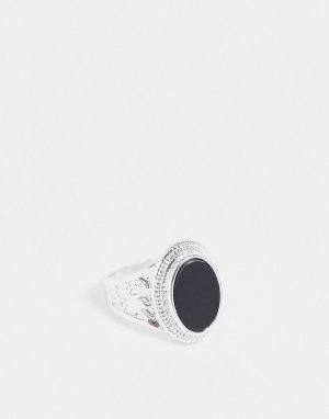 Серебристое овальное кольцо-печатка с черным камнем -Серебряный Chained & Able