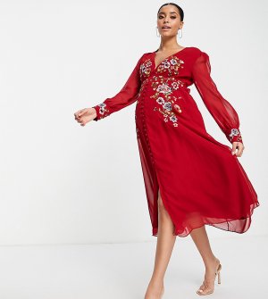 Чайное платье миди красного цвета с длинными рукавами и вышивкой -Красный Hope & Ivy Maternity