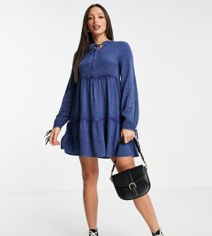 Ярусное платье мини с присборенной юбкой и длинными рукавами из шамбре -Голубой Influence Tall
