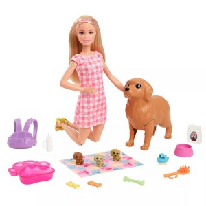 Игровой набор Doll Newborn Pups с куклой блондинкой, мамой-собакой и тремя щенками, детские игрушки Barbie
