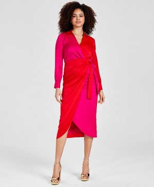 Женское платье миди с длинными рукавами и искусственным запахом , красный Anne Klein