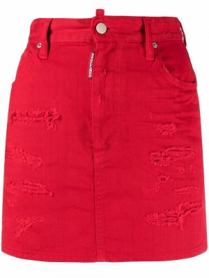 Джинсовая юбка мини с эффектом потертости Dsquared2. Цвет: красный