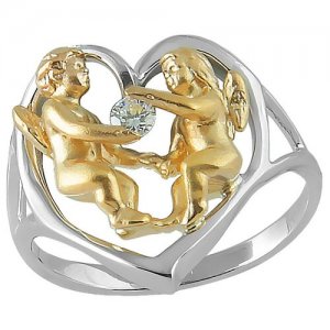 Перстень Ангелы К-24021, белое, желтое, комбинированное золото, 585 проба, родирование, бриллиант, размер 17, желтый, белый Альдзена