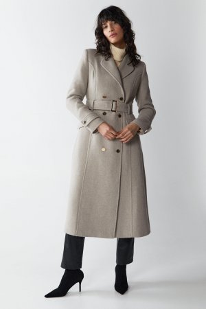 Двубортное пальто премиум-класса из итальянской шерсти строгого кроя , бежевый Warehouse