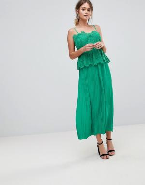Платье-комбинация миди с кружевным топом и плиссированной юбкой -Зеленый Liquorish