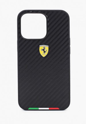 Чехол для iPhone Ferrari 13 Pro PU Carbon Italia stripe with metal logo Hard Black. Цвет: черный