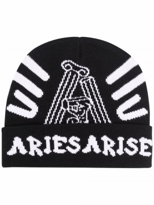 Шапка бини вязки интарсия с логотипом Aries. Цвет: черный