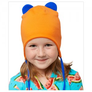 TH21-216080106 Шапка двухслойная c завязками и ушками медвежонок, оранжевый / синий (50-54, Со снудом) TUOT. Цвет: синий/оранжевый