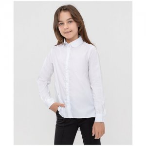 Блузка классическая с удлиненной спинкой белая для девочек, модель 222BBGS22120200, размер 152 Button Blue. Цвет: белый