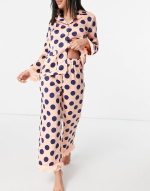 Эксклюзивный пижамный комплект из рубашки и брюк в горошек с отделкой органзы розового темно-синего цвета -Многоцветный Y.A.S