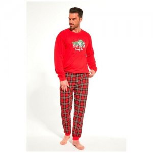 Хлопковая мужская пижама с однотонным лонгсливом и брюками в клетку 115 family time красная, размер 50, цвет Красный Cornette. Цвет: красный