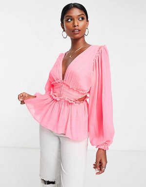 Неоново-розовая прозрачная блузка со складками на талии и вырезом спине ASOS DESIGN