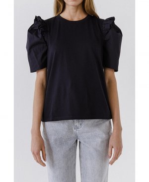 Женская мини-футболка с пышными рукавами и рюшами , цвет Navy English Factory