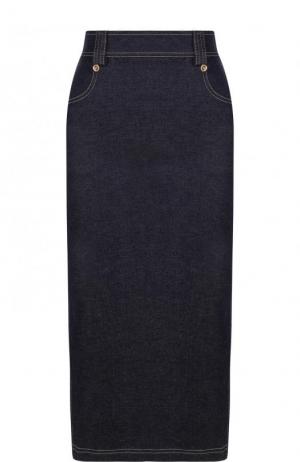 Джинсовая юбка-миди с контрастной прострочкой Versace. Цвет: темно-синий