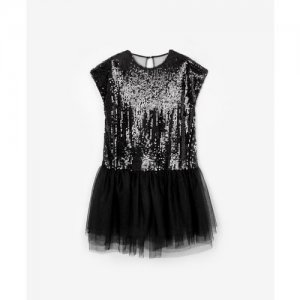 Платье комбинированное с коротким рукавом черное , для девочек, размер 152, мод 123GPGJC5001 Gulliver. Цвет: черный