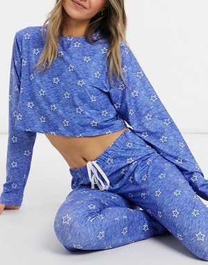 Синий пижамный комплект со звездным принтом из укороченного лонгслива и леггинсов -Голубой Loungeable