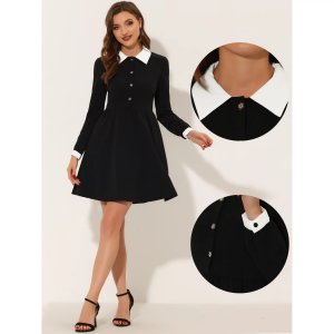 Женское винтажное короткое платье трапециевидной формы с воротником «Питер Пэн» и контрастной полупланкой, длинный рукав, черный, большой размер ALLEGRA K