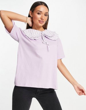 Oversized-футболка с двухслойным воротником в шахматную клетку -Фиолетовый цвет Neon Rose