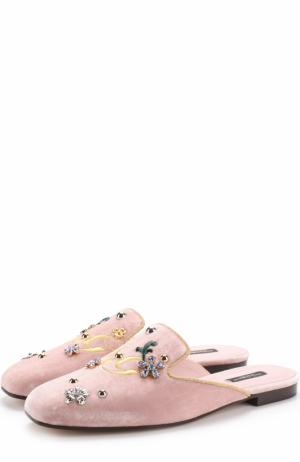 Бархатные сабо с вышивкой и кристаллами Dolce & Gabbana. Цвет: светло-розовый