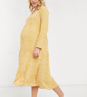Ярусное платье миди горчичного цвета с присборенной юбкой, длинными рукавами и цветочным принтом ASOS DESIGN Maternity-Многоцветный Maternity