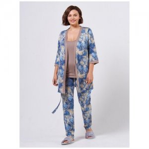 Комплект , халат, брюки, майка, укороченный рукав, пояс, размер 54, голубой, серый El Fa Mei. Цвет: серый/голубой