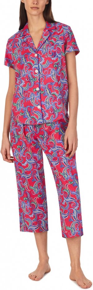 Пижамный комплект капри с короткими рукавами и вырезом на воротнике LAUREN Ralph Lauren, цвет Berry Paisley