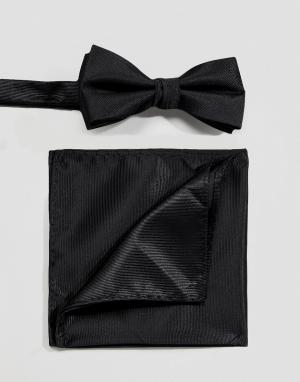 Черный галстук-бабочка и платок для нагрудного кармана Selected Homme. Цвет: черный