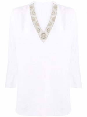 Блузка-трапеция с вышивкой 120% Lino. Цвет: белый