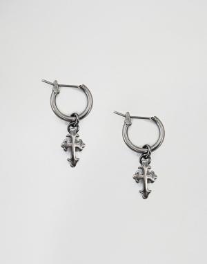 Серьги-кольца цвета античного серебра с подвесками-крестами Simon Cart Carter. Цвет: серебряный